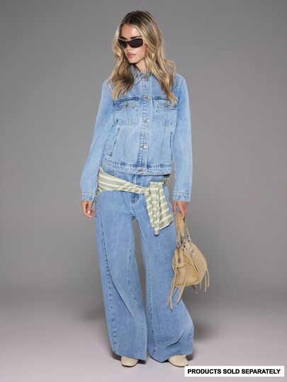 MUSERA Light Blue Washed Button Through Slim Fit Denim Jacket Coord Top Only Cute Daily Everyday Coolgirl Undone Day Time Autumn Casual Streetwear