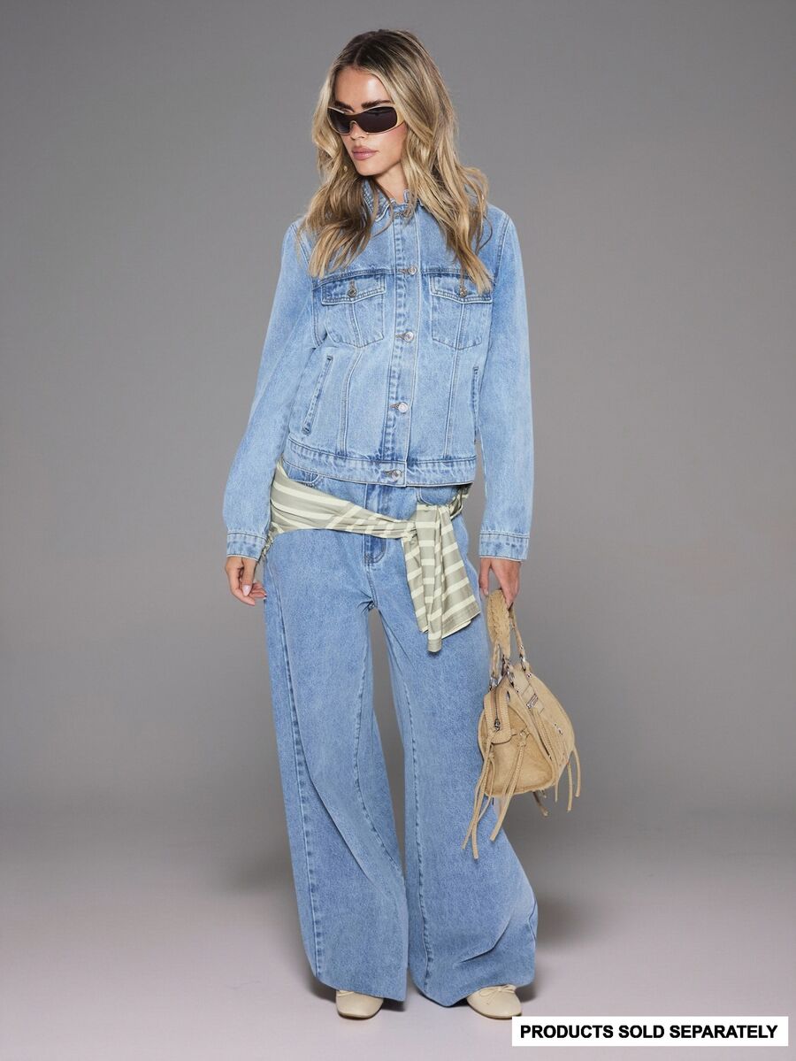 MUSERA Light Blue Washed Button Through Slim Fit Denim Jacket Coord Top Only Cute Daily Everyday Coolgirl Undone Day Time Autumn Casual Streetwear - Baby Blue - View 1