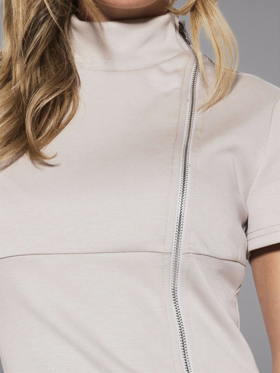 Grey High Neck Asymmetric Zipper Side Cinched Fitted Waist Short Sleeve Coord Top Only Cute Daily Everyday Coolgirl Undone