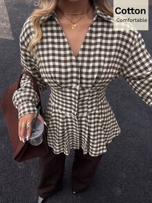 Siren Gaze Women's Pure Cotton V-Neck Plaid Shirt Fitted Waist Long-Sleeve Vintage 70s Elegant British Style Slim-Fit Silhouette Work Brunch Everyday Brown Plaid - Brown - View 7