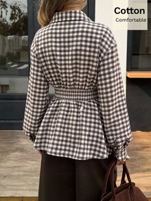 Siren Gaze Women's Pure Cotton V-Neck Plaid Shirt Fitted Waist Long-Sleeve Vintage 70s Elegant British Style Slim-Fit Silhouette Work Brunch Everyday Brown Plaid - Brown - View 3