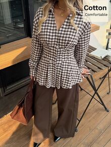 Siren Gaze Women's Pure Cotton V-Neck Plaid Shirt Fitted Waist Long-Sleeve Vintage 70s Elegant British Style Slim-Fit Silhouette Work Brunch Everyday Brown Plaid - Brown - View 4