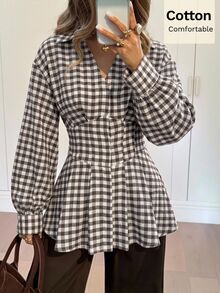 Siren Gaze Women's Pure Cotton V-Neck Plaid Shirt Fitted Waist Long-Sleeve Vintage 70s Elegant British Style Slim-Fit Silhouette Work Brunch Everyday Brown Plaid - Brown - View 8