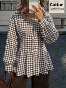 Siren Gaze Women's Pure Cotton V-Neck Plaid Shirt Fitted Waist Long-Sleeve Vintage 70s Elegant British Style Slim-Fit Silhouette Work Brunch Everyday Brown Plaid - Brown - View 9