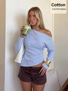 Siren Gaze 女款純棉條紋不對稱領上衣，長袖百褶收腰襯衫，適合休閒外出或約會穿搭 - 藍白色 - 查看 9