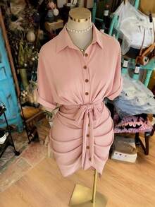 NostaNoir Collared Single-Breasted Tie-Waist Short Sleeve Shirt Dress - Dusty Pink - View 5