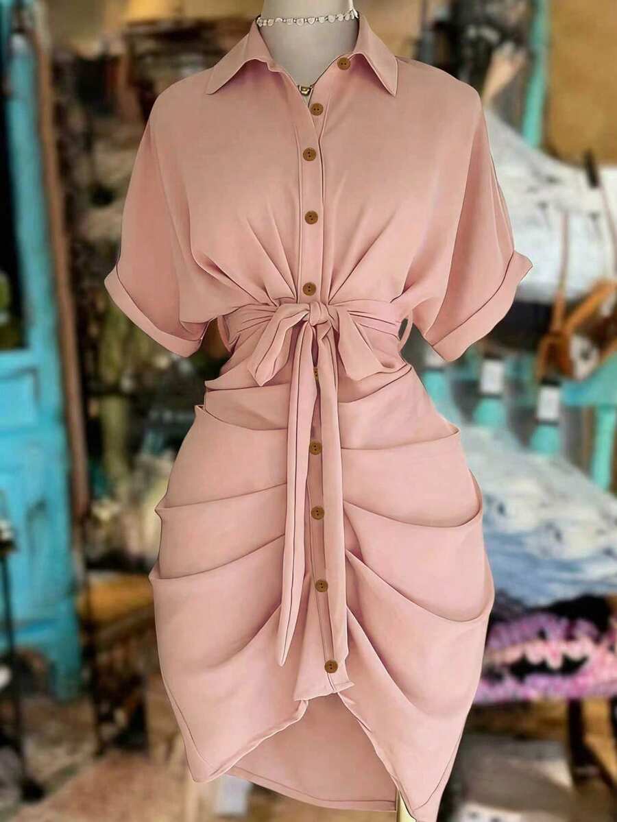 NostaNoir Collared Single-Breasted Tie-Waist Short Sleeve Shirt Dress - Dusty Pink - View 1