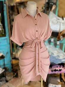 NostaNoir Collared Single-Breasted Tie-Waist Short Sleeve Shirt Dress - Dusty Pink - View 3