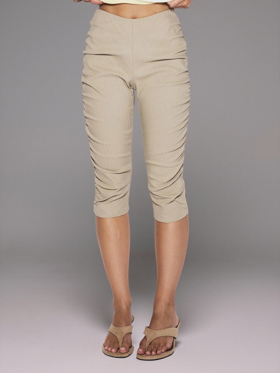 Khaki Stripe Ruched Side Capri Pant Only Cute Daily Everyday Coolgirl Undone