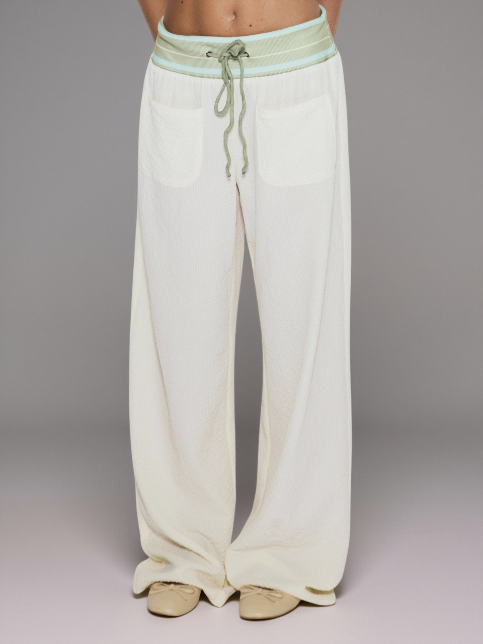 Green Striped Ribbed Waistband Loose Baggy Fit Crinkled Style Wide Leg Trouser Cute Daily Everyday Coolgirl Undone