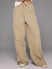MUSERA Khaki Tie Front Waist Cargo Style Pocket Low Waist Loose Fit Trouser Cute Daily Everyday Coolgirl Undone - Army Green - View 2