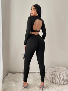 Dewbera Dewbera 1pc Women's Black Long Sleeve Hollow Back Tight Fit Sports Set - Black - View 4
