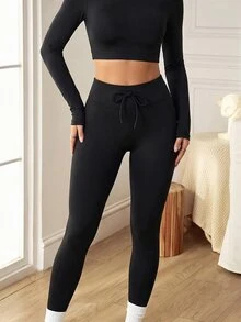 Dewbera Dewbera 1pc Women's Black Long Sleeve Hollow Back Tight Fit Sports Set - Black - View 6