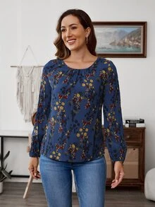 EMERY ROSE 女款休閒優雅波西米亞風花卉印花圓領燈籠袖襯衫，秋季長袖上衣，教師節職場穿搭，藍色花卉 - 藏蓝色 - 查看 4