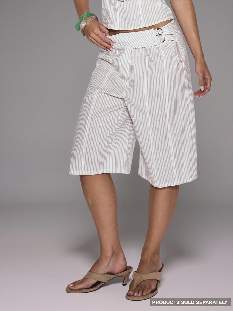 Calça Capri Reta com Cós de Amarração e Anel Listrado, Parte Inferior de Conjunto, Estilo Fofo, Casual, Coolgirl, Despojado, para o Dia a Dia
