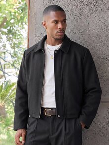 SWAVVY Men's Woven Fashion Casual Loose Long Sleeve Zip-Up Shirt - Black - View 7