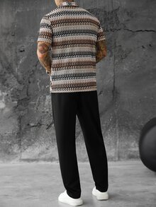 SLATEMANN 男士 Polo 套裝，舒適提花棕黑色短袖襯衫搭配抽繩鬆緊腰長褲，2 件套休閒復古度假約會裝 - 彩色 - 查看 2
