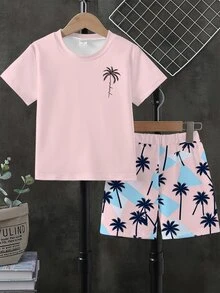 1 Set Pakaian Anak Laki-Laki Gaya Liburan Kasual Modis Keren Bergambar Pohon Kelapa, Kaos Lengan Pendek dan Celana Pendek Bergambar Pohon Kelapa Warna-warni, Cocok untuk Jalan-jalan, Pantai, Liburan, Olahraga, dan Acara Lainnya - MultiWarna - View 3