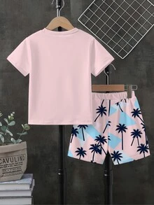 1 Set Pakaian Anak Laki-Laki Gaya Liburan Kasual Modis Keren Bergambar Pohon Kelapa, Kaos Lengan Pendek dan Celana Pendek Bergambar Pohon Kelapa Warna-warni, Cocok untuk Jalan-jalan, Pantai, Liburan, Olahraga, dan Acara Lainnya - MultiWarna - View 2