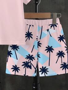 1 Set Pakaian Anak Laki-Laki Gaya Liburan Kasual Modis Keren Bergambar Pohon Kelapa, Kaos Lengan Pendek dan Celana Pendek Bergambar Pohon Kelapa Warna-warni, Cocok untuk Jalan-jalan, Pantai, Liburan, Olahraga, dan Acara Lainnya - MultiWarna - View 4