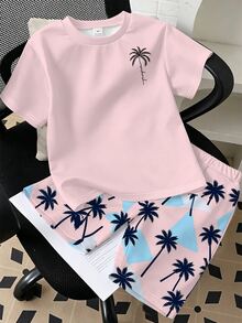1 Set Pakaian Anak Laki-Laki Gaya Liburan Kasual Modis Keren Bergambar Pohon Kelapa, Kaos Lengan Pendek dan Celana Pendek Bergambar Pohon Kelapa Warna-warni, Cocok untuk Jalan-jalan, Pantai, Liburan, Olahraga, dan Acara Lainnya - MultiWarna - View 5