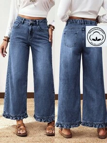 Everyssa Summer Casual Vintage Business Wide Leg High Waist Long Ruffle Blue Going Out Daily Wear Jeans For Women - Dark Wash - View 2