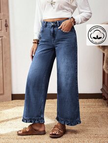 Everyssa Summer Casual Vintage Business Wide Leg High Waist Long Ruffle Blue Going Out Daily Wear Jeans For Women - Dark Wash - View 6