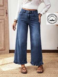 Everyssa Summer Casual Vintage Business Wide Leg High Waist Long Ruffle Blue Going Out Daily Wear Jeans For Women - Dark Wash - View 9