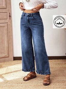Everyssa Summer Casual Vintage Business Wide Leg High Waist Long Ruffle Blue Going Out Daily Wear Jeans For Women - Dark Wash - View 10