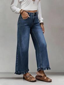 Everyssa Summer Casual Vintage Business Wide Leg High Waist Long Ruffle Blue Going Out Daily Wear Jeans For Women - Dark Wash - View 1
