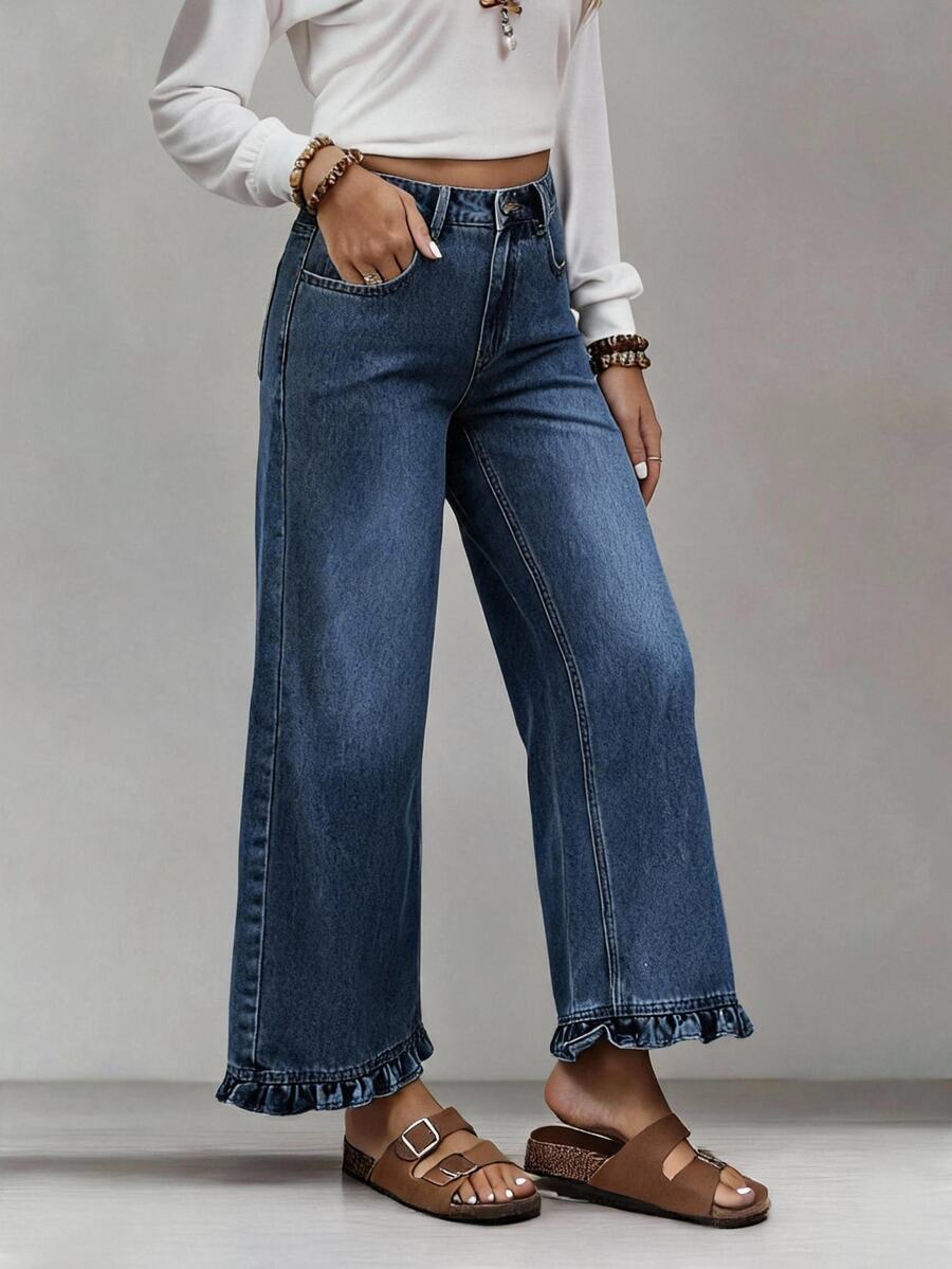 Everyssa Summer Casual Vintage Business Wide Leg High Waist Long Ruffle Blue Going Out Daily Wear Jeans For Women - Dark Wash - View 1