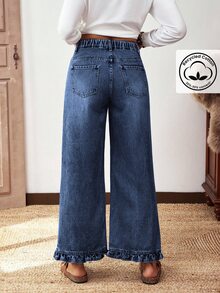 Everyssa Summer Casual Vintage Business Wide Leg High Waist Long Ruffle Blue Going Out Daily Wear Jeans For Women - Dark Wash - View 3
