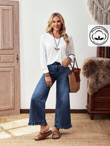Everyssa Summer Casual Vintage Business Wide Leg High Waist Long Ruffle Blue Going Out Daily Wear Jeans For Women - Dark Wash - View 5
