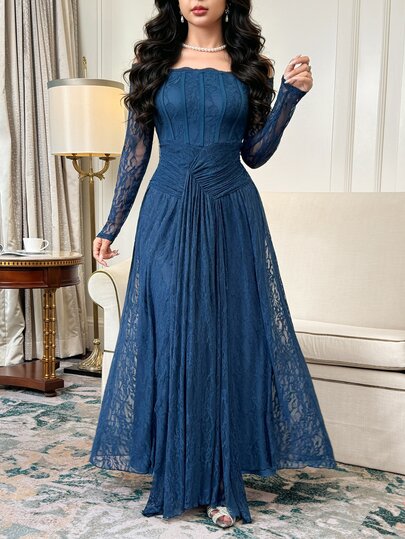 Feyla Women's Elegant Fishbone Waist Lace Patchwork Dress