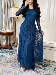 Feyla 女款優雅魚骨收腰蕾絲拼接洋裝，適合新年、聖誕晚餐派對、秋季穿著 - 藏蓝色 - 查看 4