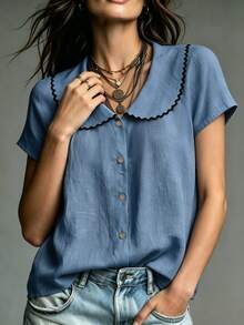 SHEIN 女款休閒優雅法式復古夏季襯衫，簡約日常、辦公通勤、度假穿搭，杏色 - 中等水洗藍 - 查看 4