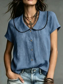 SHEIN 女款休閒優雅法式復古夏季襯衫，簡約日常、辦公通勤、度假穿搭，杏色 - 中等水洗藍 - 查看 2