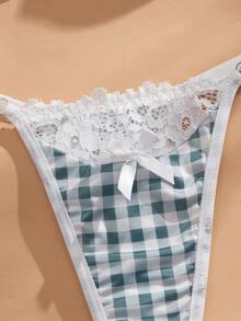 SHEIN MOD 2pcs/Set Fashionable Plaid & Lace Patchwork Lingerie Set For Girls - Multicolor - View 4