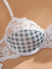SHEIN MOD 2pcs/Set Fashionable Plaid & Lace Patchwork Lingerie Set For Girls - Multicolor - View 5