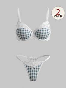 SHEIN MOD 2pcs/Set Fashionable Plaid & Lace Patchwork Lingerie Set For Girls - Multicolor - View 1
