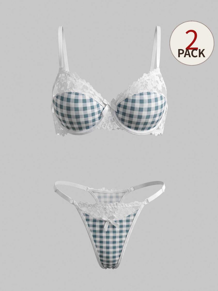 SHEIN MOD 2pcs/Set Fashionable Plaid & Lace Patchwork Lingerie Set For Girls - Multicolor - View 1