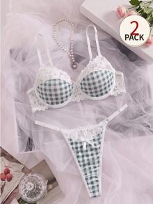 SHEIN MOD 2pcs/Set Fashionable Plaid & Lace Patchwork Lingerie Set For Girls - Multicolor - View 2
