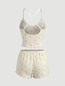 SHEIN MOD 碎花针织修身女士睡衣套装 - 米色 - 查看 3