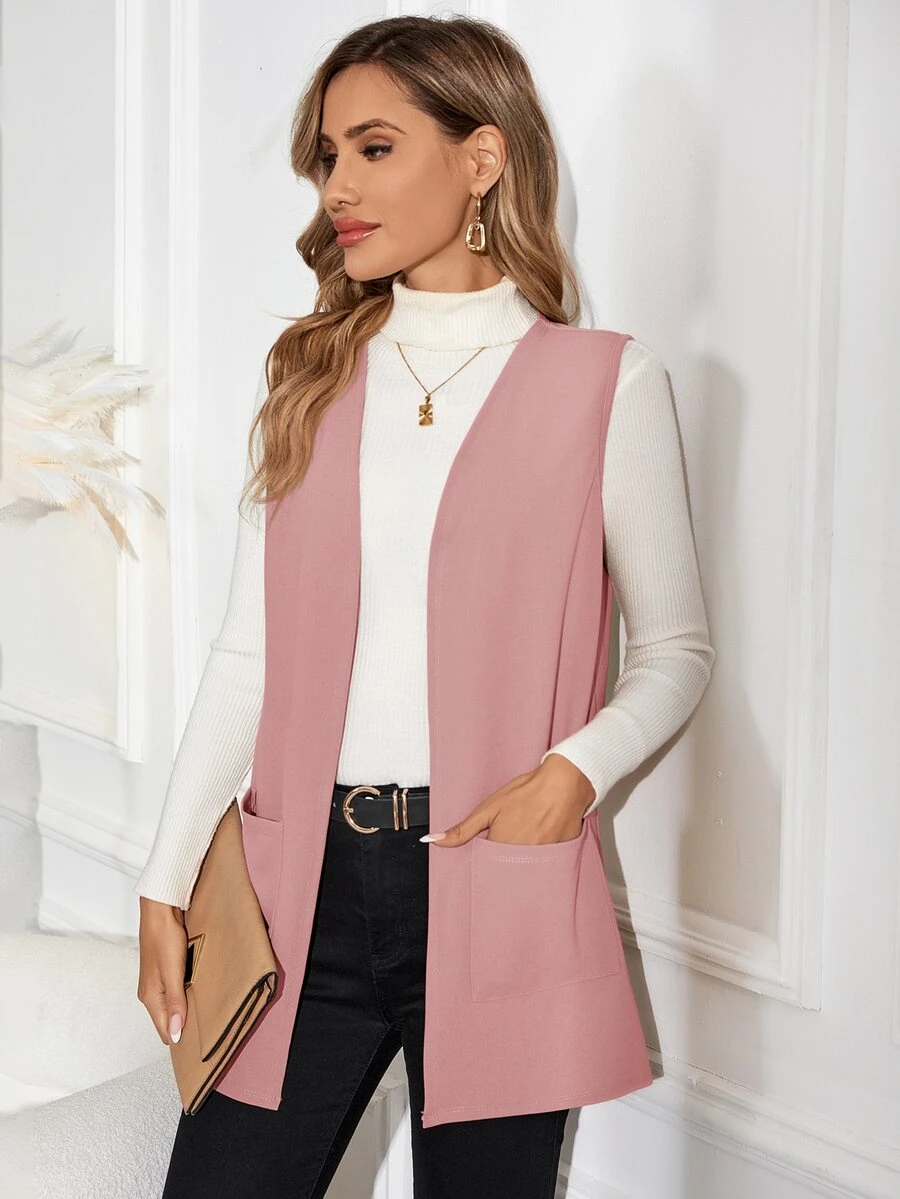 EMERY ROSE Chaqueta casual sin mangas de ajuste regular en unicolor para mujer, ideal para uso diario - Rosa vieja - Ver 1
