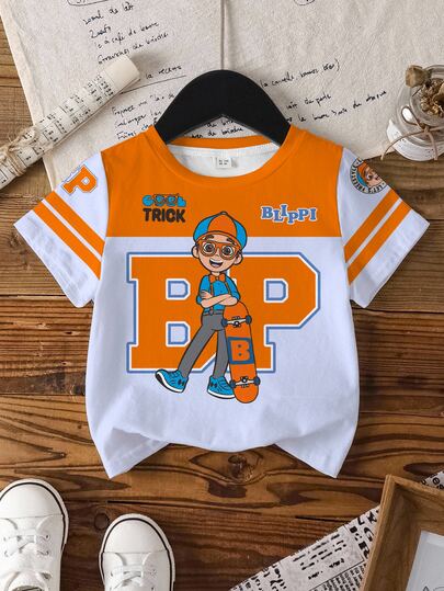 Blippi X SHEIN Camiseta casual de manga corta con cuello redondo y estampado de letras para niño
