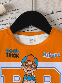 Blippi X SHEIN Young Boy Letter Print Round Neck Short Sleeve Casual T-Shirt - White - View 3