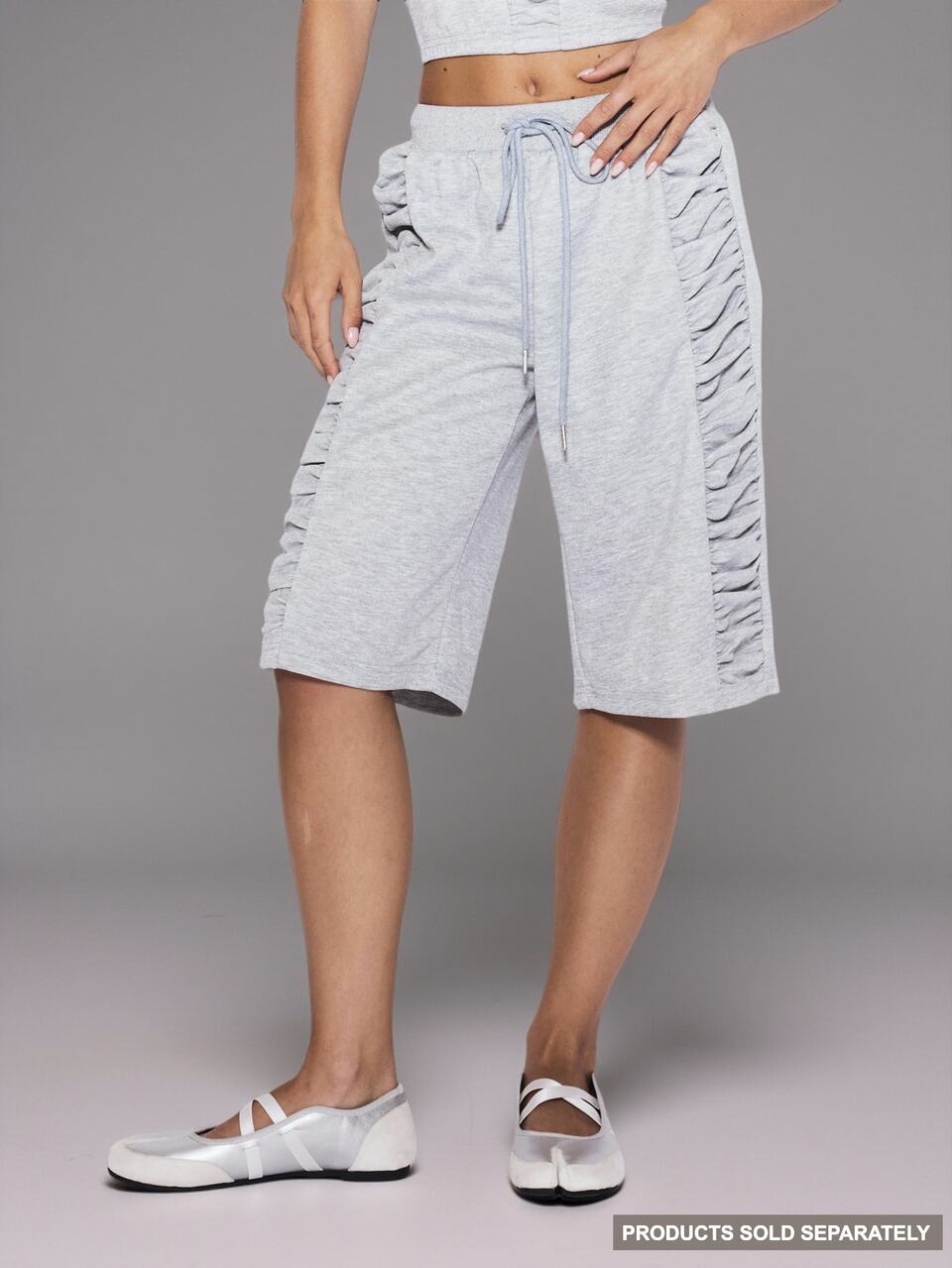Grey Marl Ruched Gathered Sides Ribbed Elasticated Tie Waist Capri Pants Cute Daily Everyday Coolgirl Undone