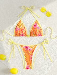 SHEIN Swim 女士夏季随意碎花细肩带褶边性感比基尼套装 - 彩色 - 查看 1