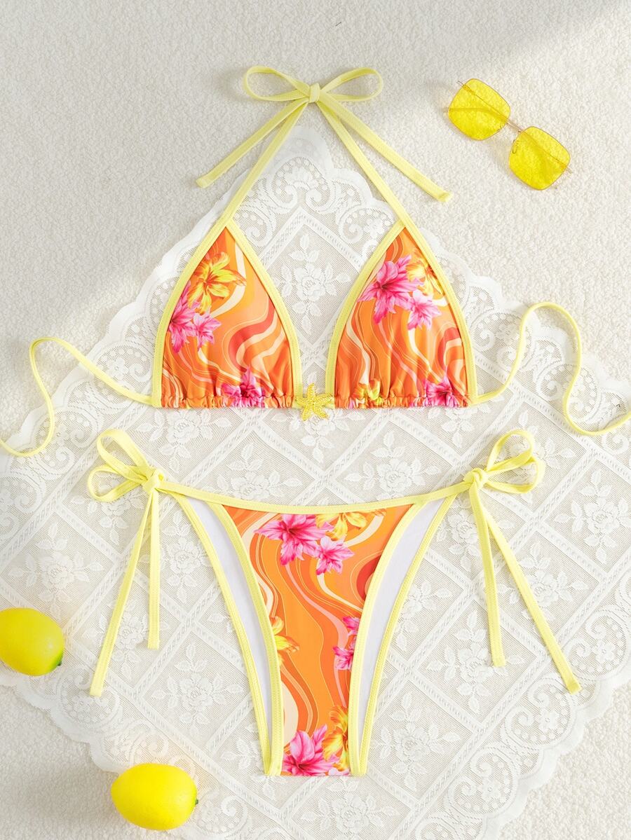 SHEIN Swim 女士夏季随意碎花细肩带褶边性感比基尼套装 - 彩色 - 查看 1