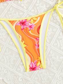 SHEIN Swim 女士夏季随意碎花细肩带褶边性感比基尼套装 - 彩色 - 查看 3